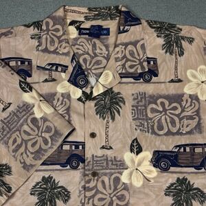 Newport Blue Graphic Hawaiian Button Shirt Mens 2XLT Beige Old Car Print